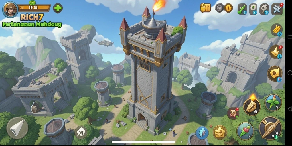 Screenshot menunjukkan aksi pertahanan menara di RICH7 dengan berbagai musuh.
