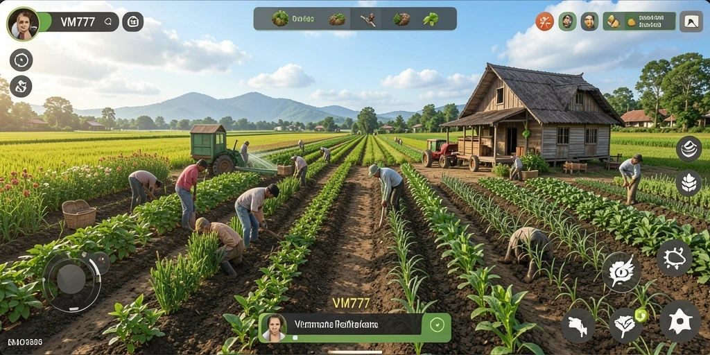 Gameplay VM777 menampilkan kebun yang hijau dan seru.